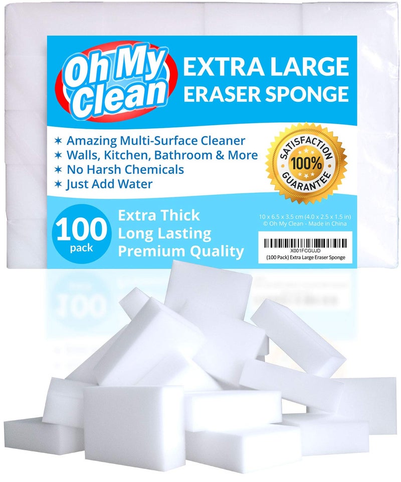Oh My Clean (100 Pack) Extra Large Eraser Sponge - Extra Thick, Long Lasting, Premium Melamine Sponges in Bulk - Multi Surface Power Scrubber Foam Cleaning Pads - Bathtub, Floor, Baseboard, Bathroom, Wall Cleaner - Image 1